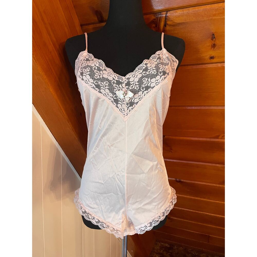Vintage 70s Pale Baby Pink Nylon and Lace Teddy Romper sz M